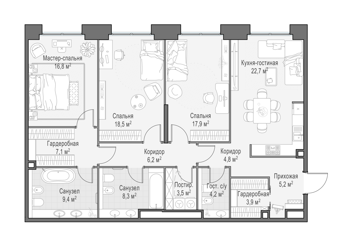 3 комн. квартира, 126.5 м², 21 этаж 