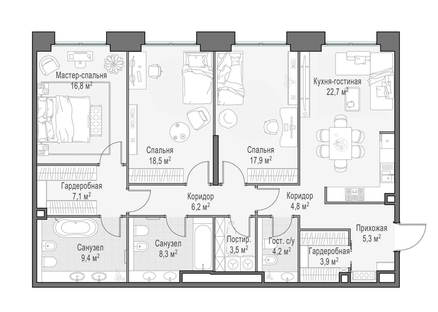 3 комн. квартира, 126.6 м², 18 этаж 