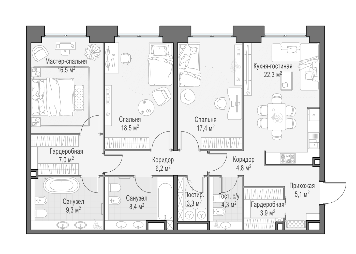3 комн. квартира, 126.8 м², 5 этаж 