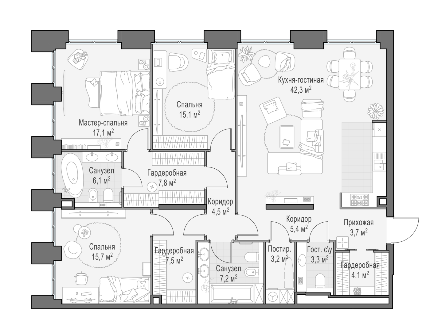 3 комн. квартира, 140.9 м², 14 этаж 