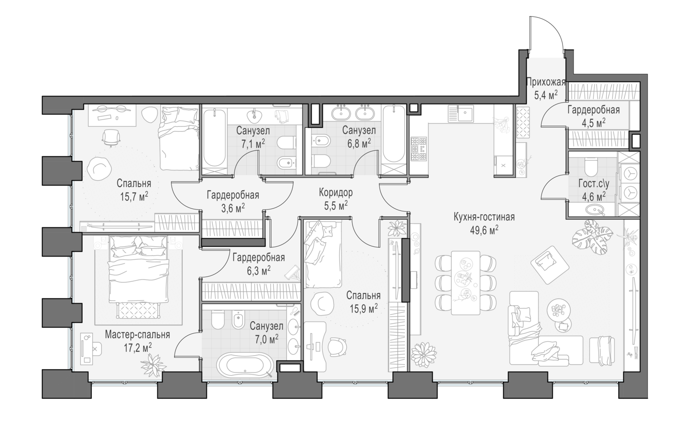 3 комн. квартира, 146.1 м², 2 этаж 