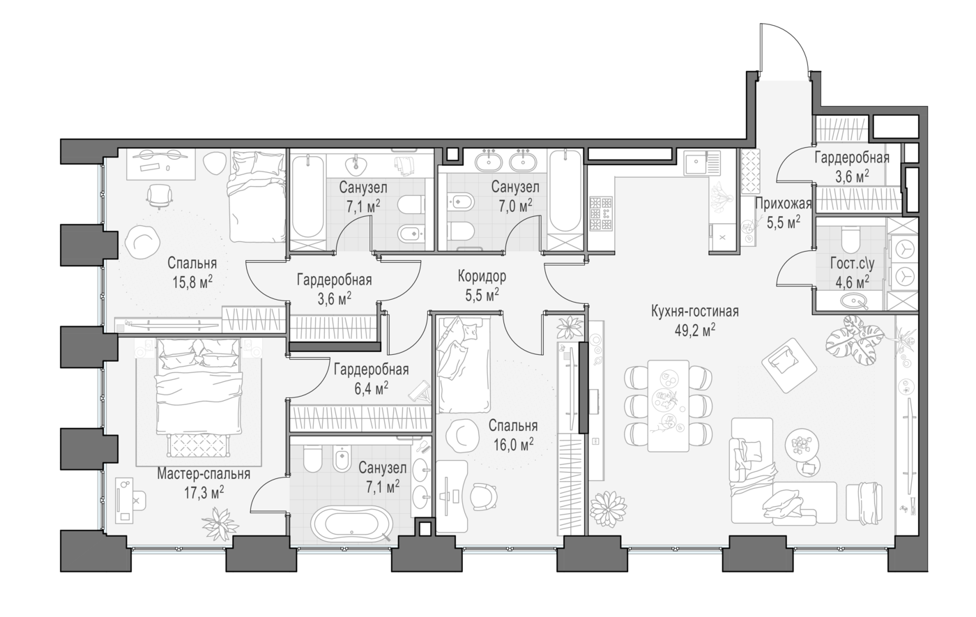 3 комн. квартира, 146.9 м², 15 этаж 