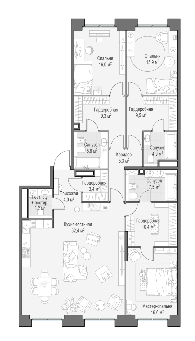 3 комн. квартира, 161.5 м², 14 этаж 