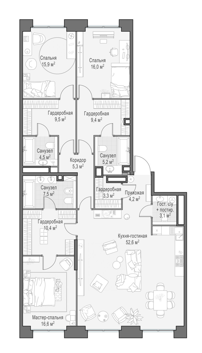 3 комн. квартира, 161.7 м², 14 этаж 