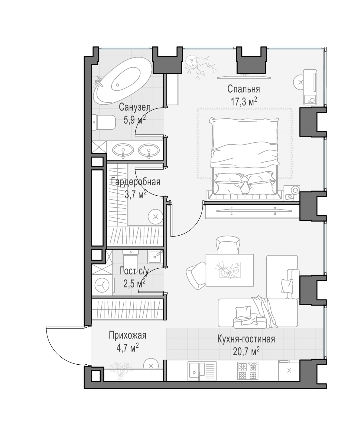 1 комн. квартира, 53.3 м², 12 этаж 