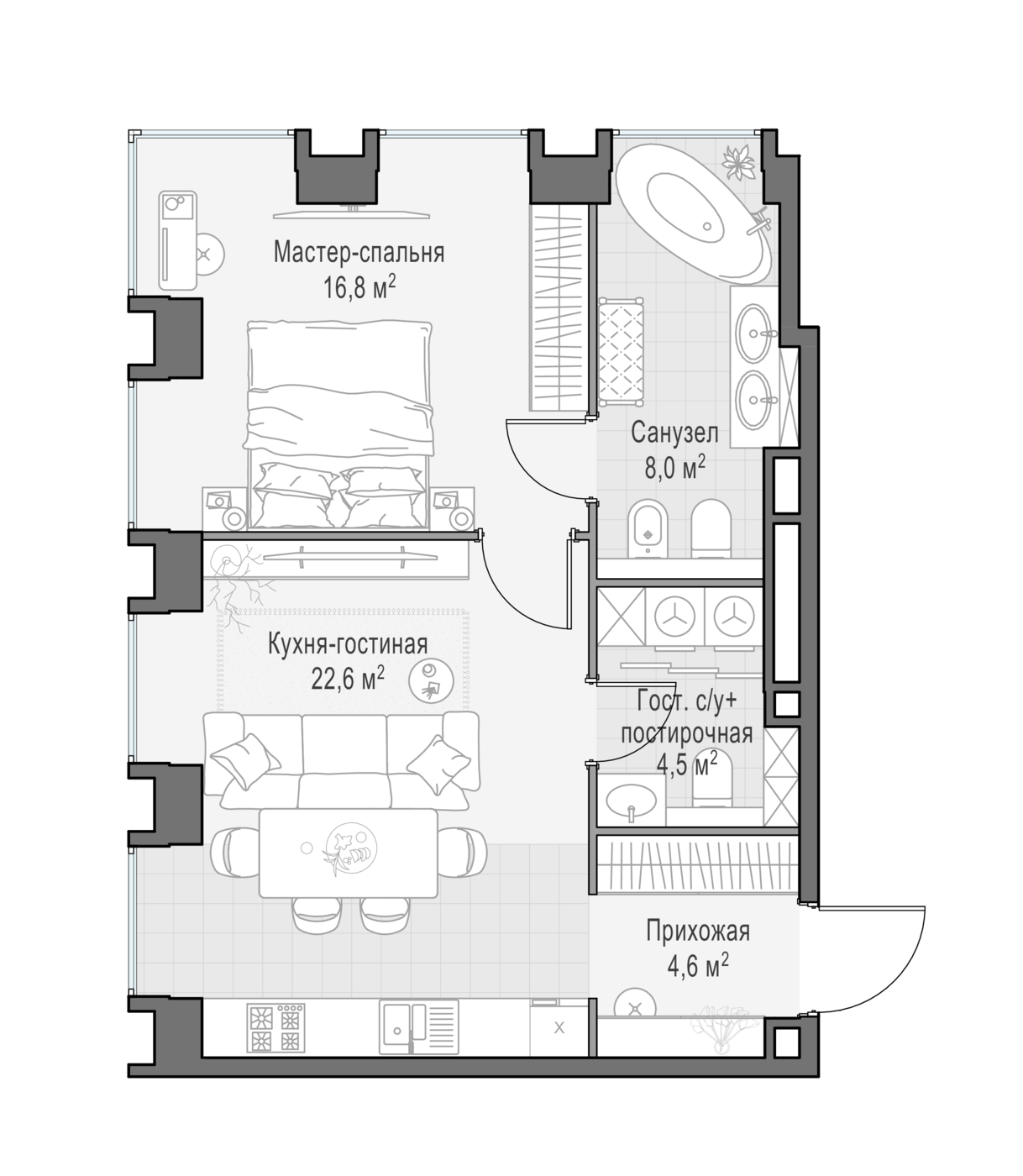 1 комн. квартира, 54.6 м², 3 этаж 