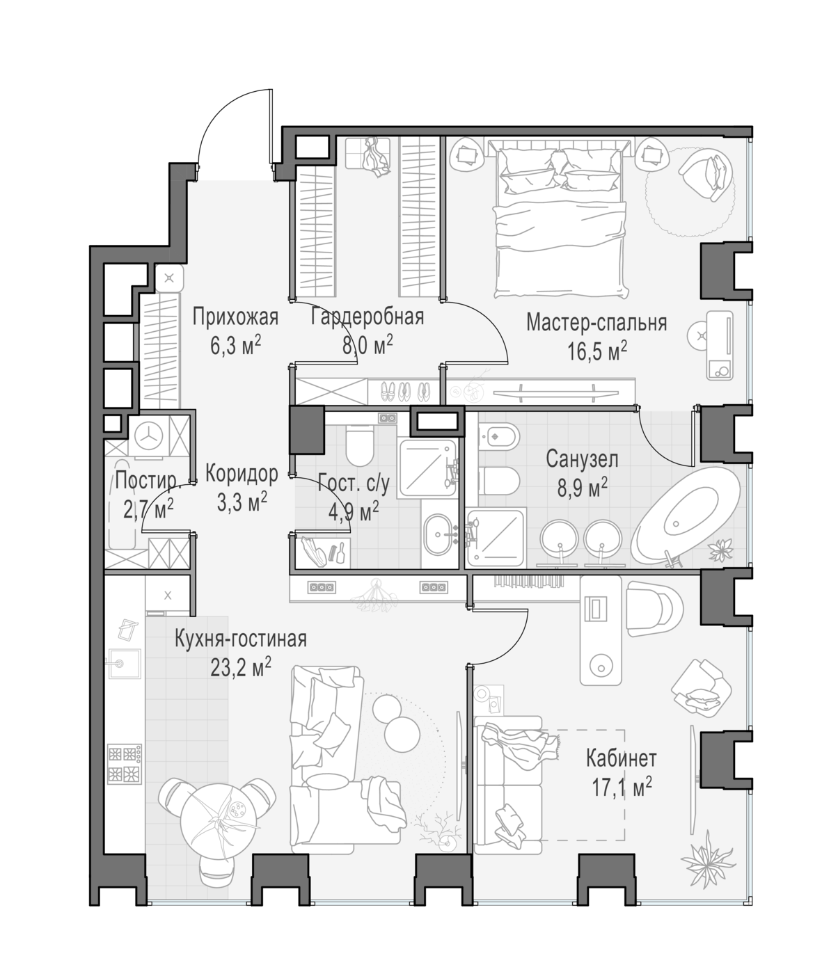 2 комн. квартира, 89.3 м², 11 этаж 