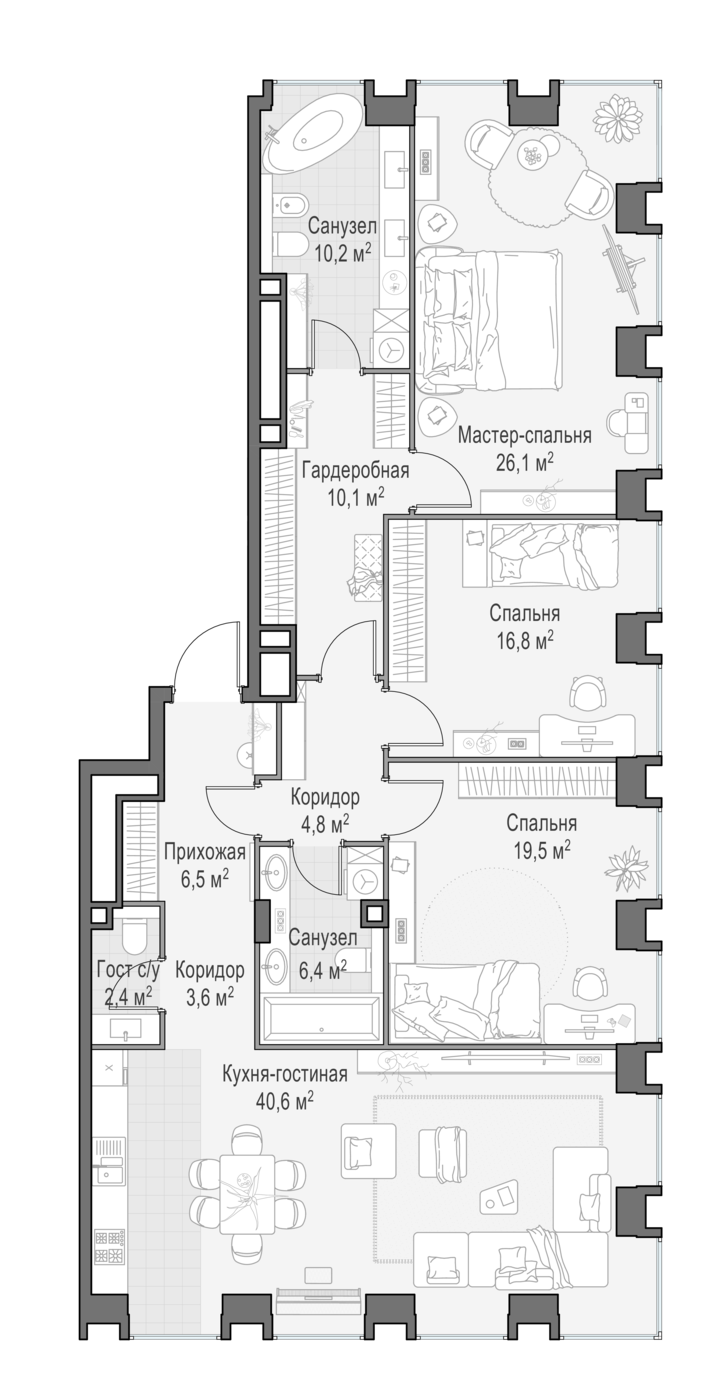 3 комн. квартира, 144.3 м², 17 этаж 