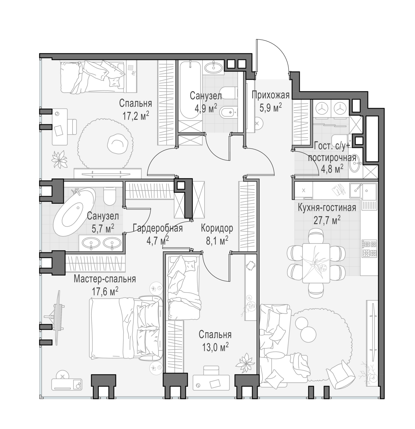 3 комн. квартира, 106.5 м², 3 этаж 