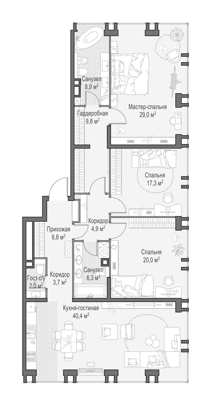 3 комн. квартира, 144.9 м², 21 этаж 