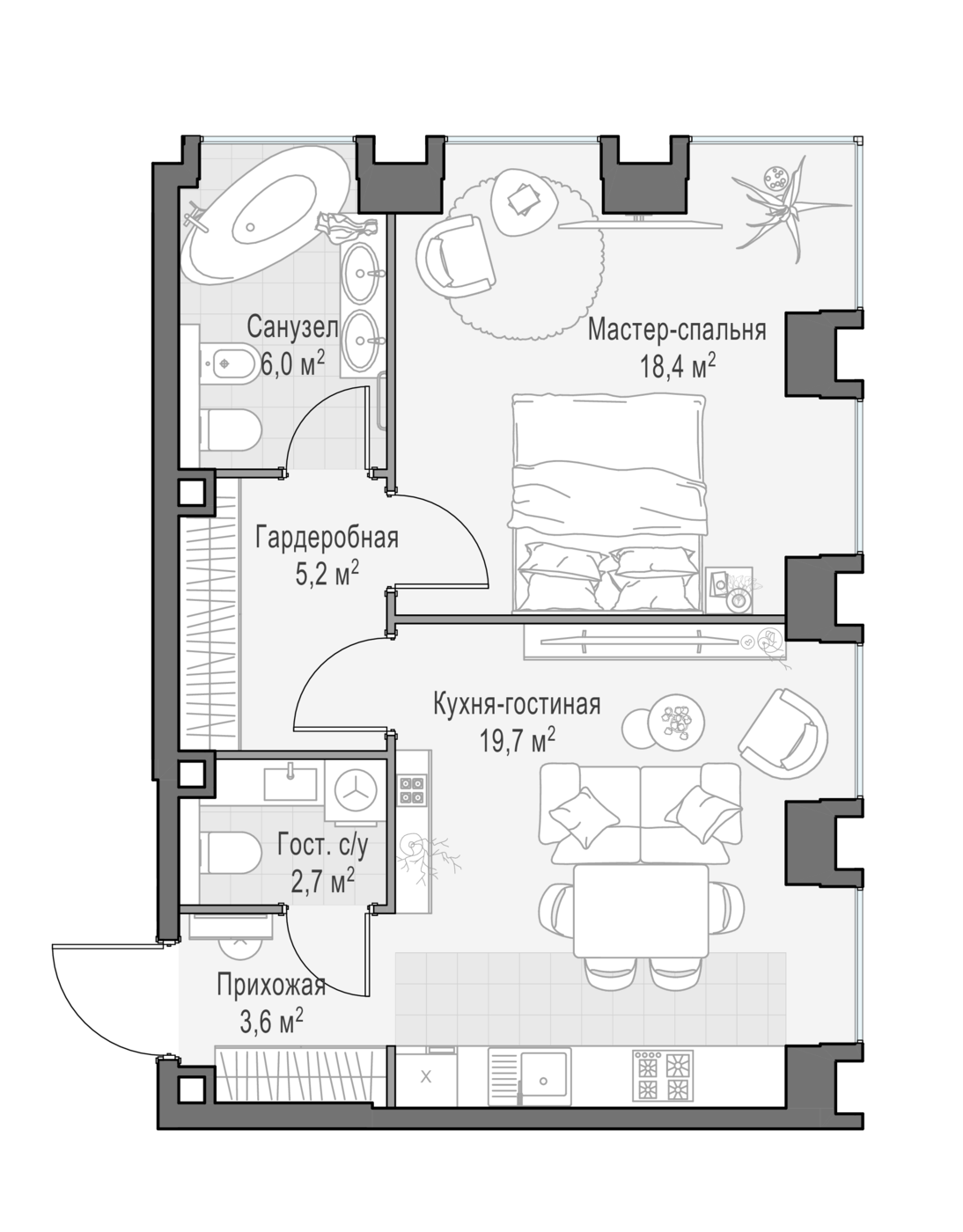 1 комн. квартира, 53.1 м², 2 этаж 