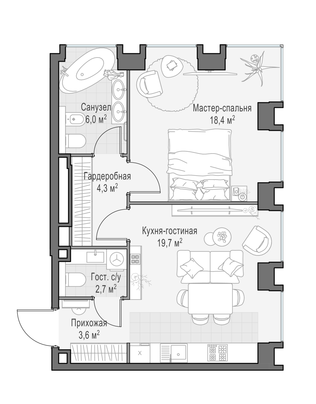 1 комн. квартира, 53.2 м², 3 этаж 