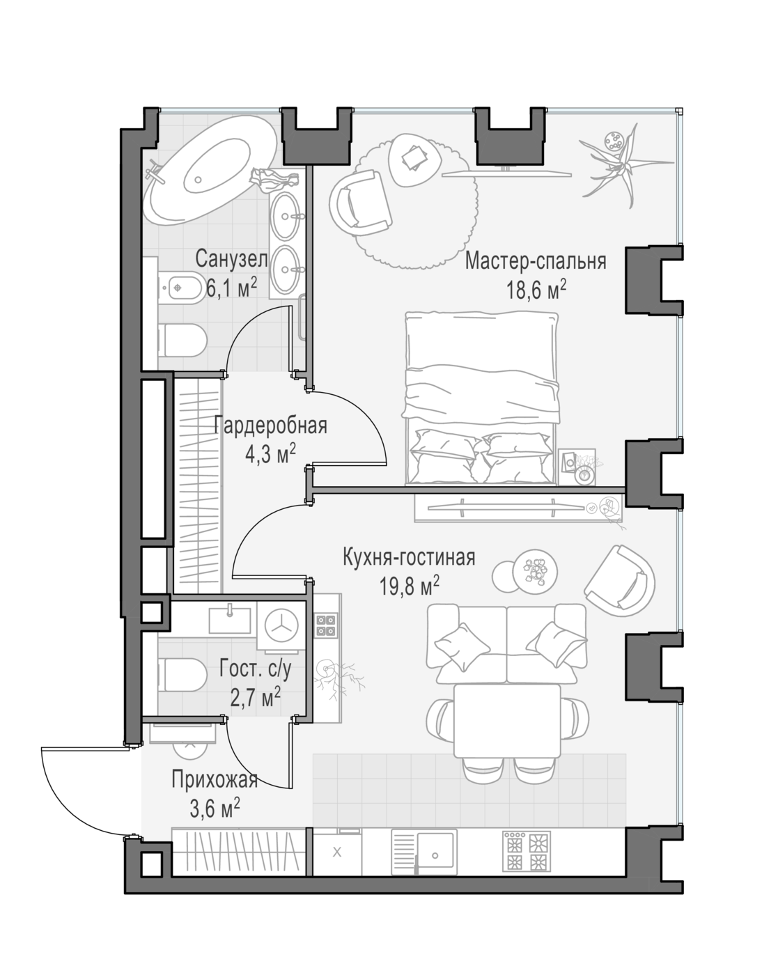 1 комн. квартира, 53.3 м², 4 этаж 
