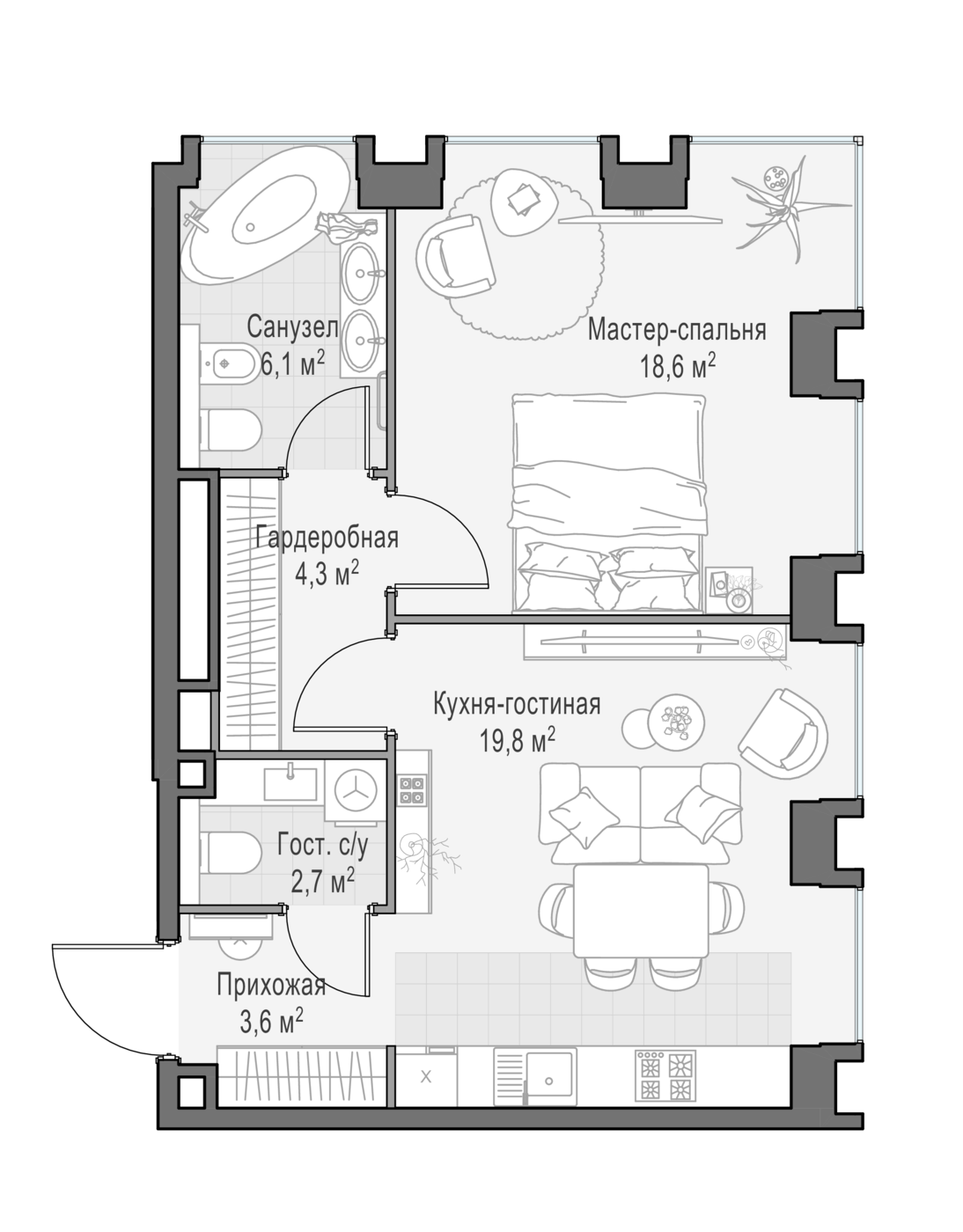 1 комн. квартира, 53.3 м², 5 этаж 
