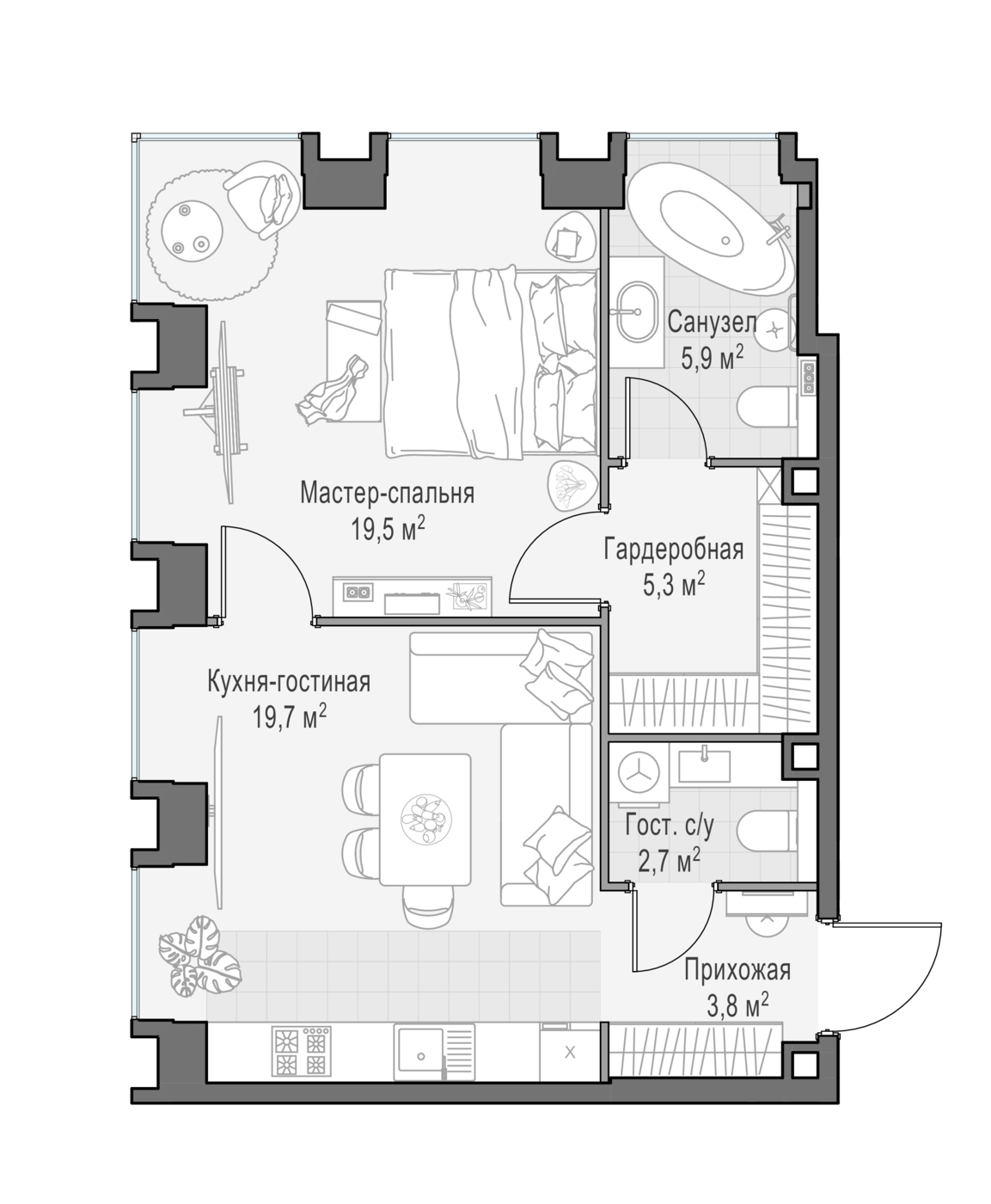 1 комн. квартира, 54.6 м², 2 этаж 