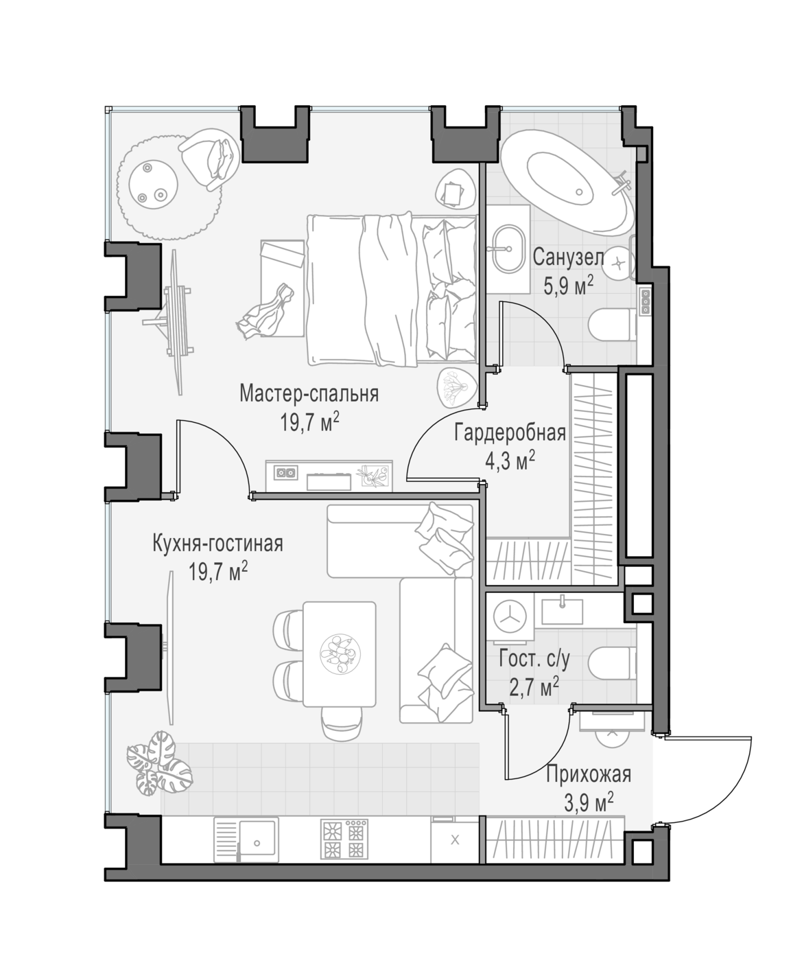 1 комн. квартира, 54.8 м², 5 этаж 