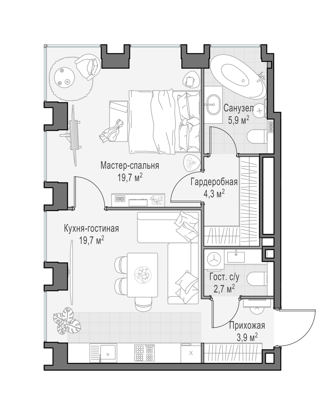 1 комн. квартира, 54.8 м², 9 этаж 