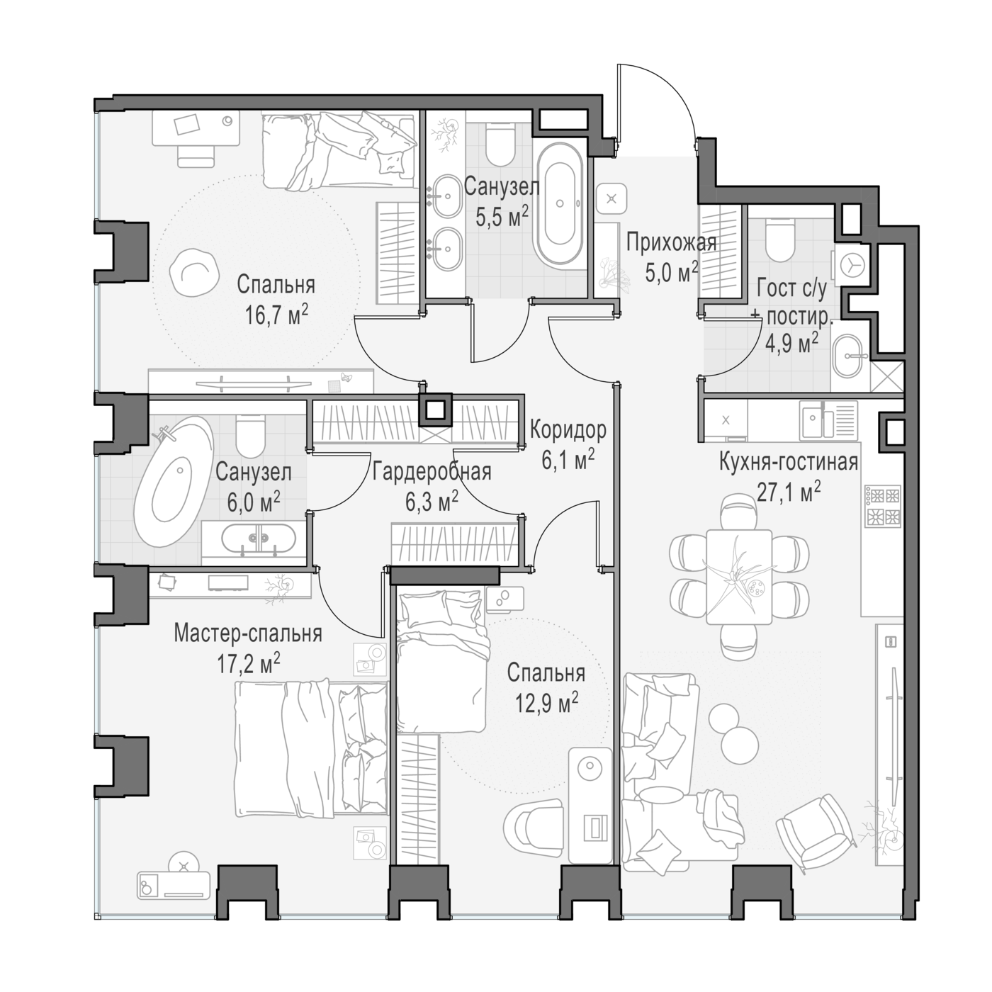 3 комн. квартира, 104.9 м², 6 этаж 