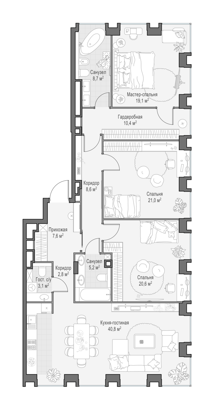 3 комн. квартира, 144 м², 13 этаж 