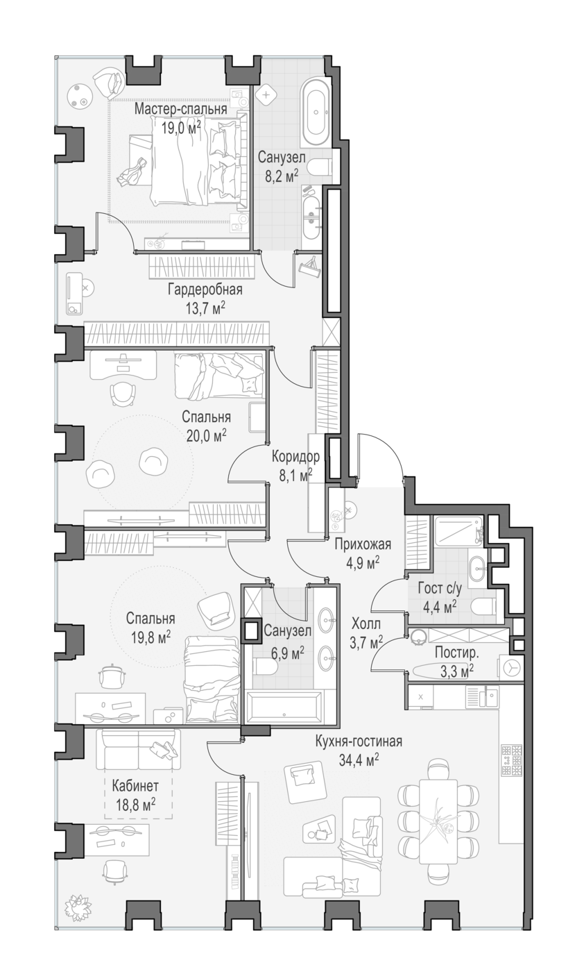 4 комн. квартира, 161.6 м², 21 этаж 