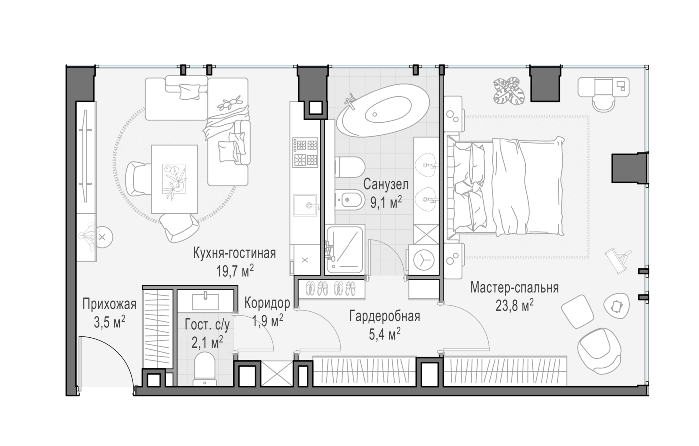 квартира со свободной планировкой, 65.5 м², 5 этаж 