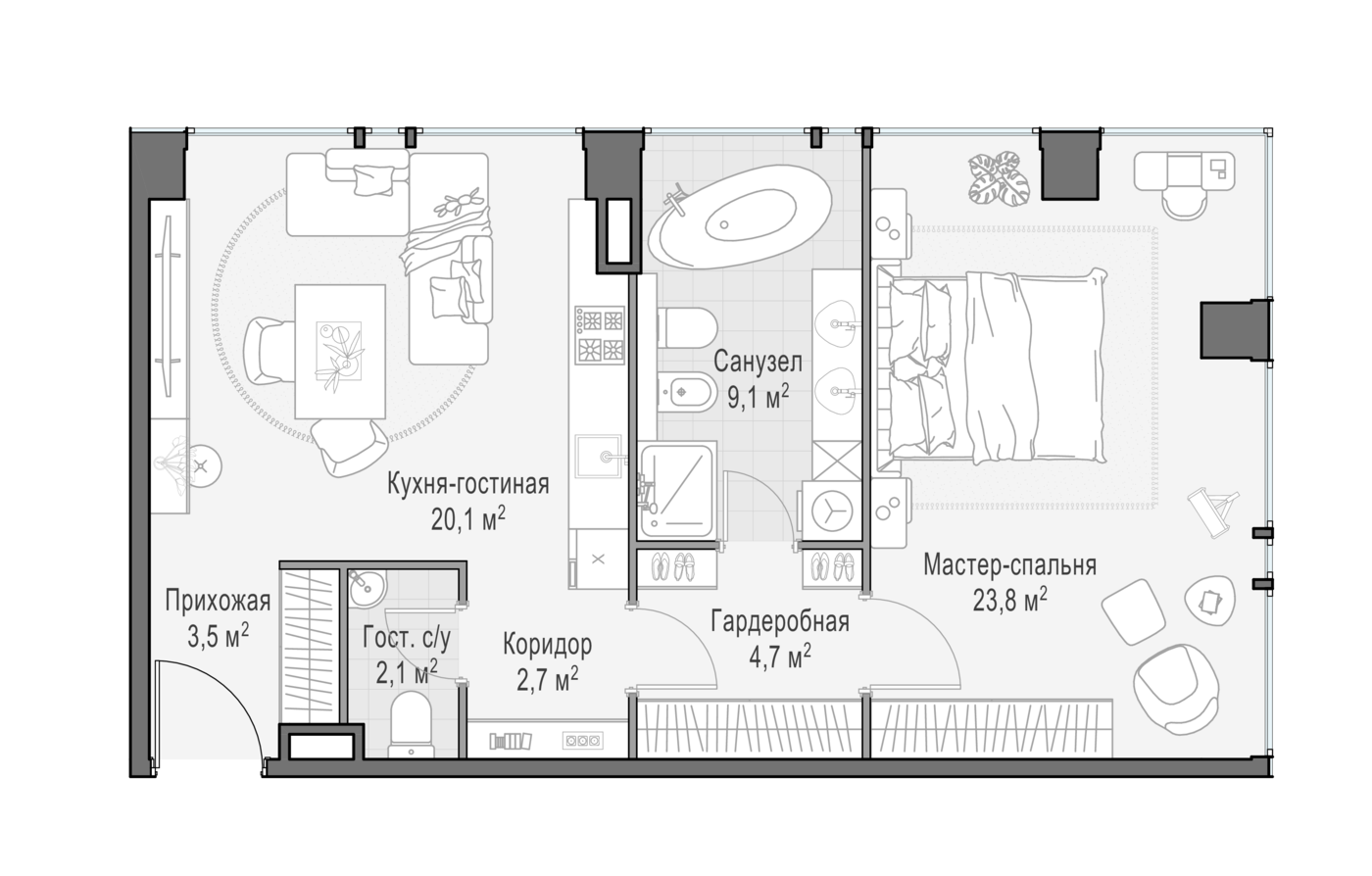 квартира со свободной планировкой, 65.9 м², 2 этаж 