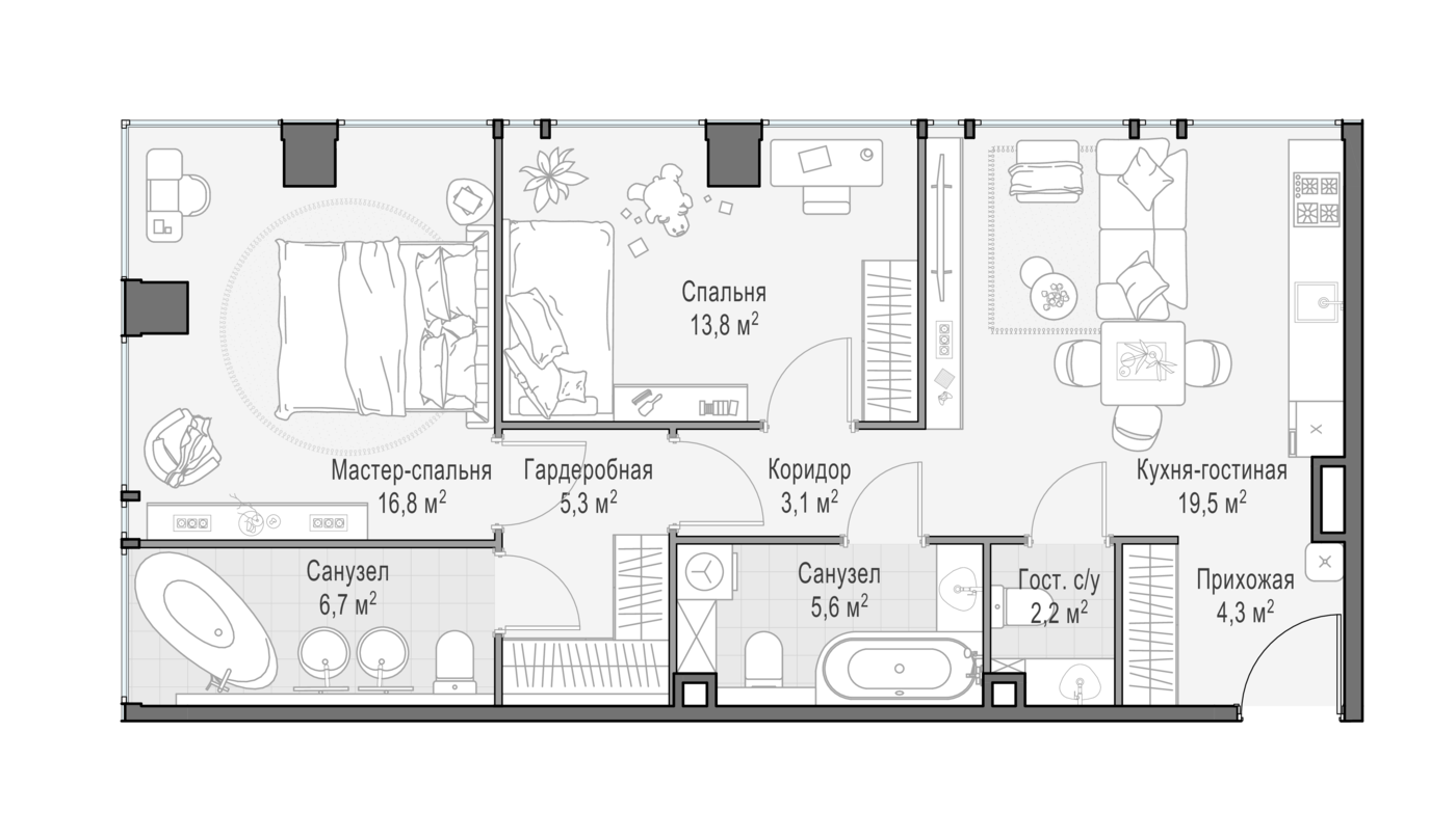 2 комн. квартира, 77.5 м², 2 этаж 