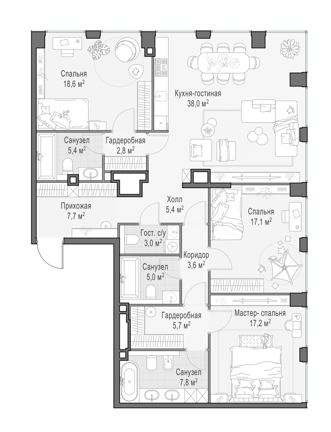 3 комн. квартира, 138.5 м², 19 этаж 