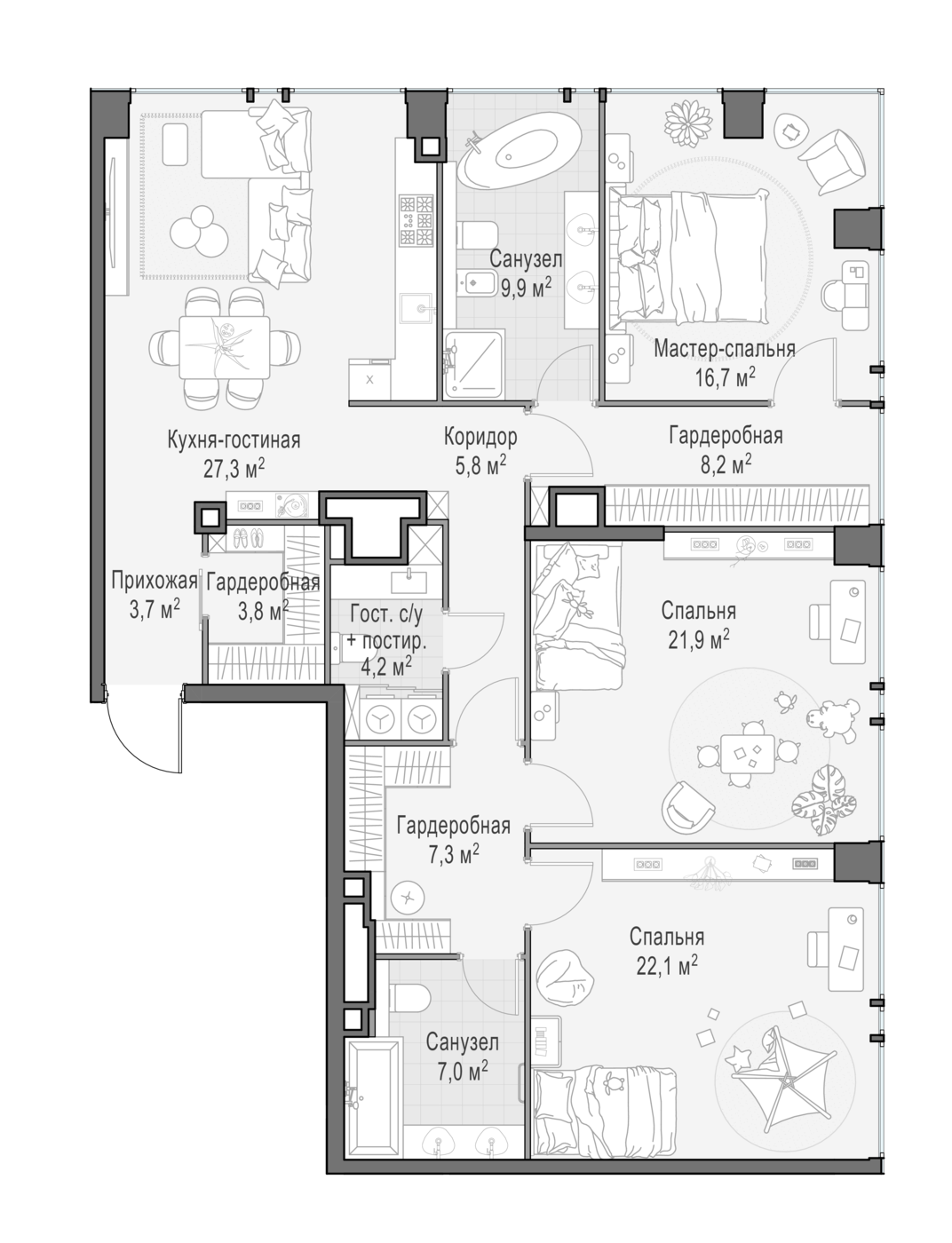 3 комн. квартира, 138.6 м², 13 этаж 