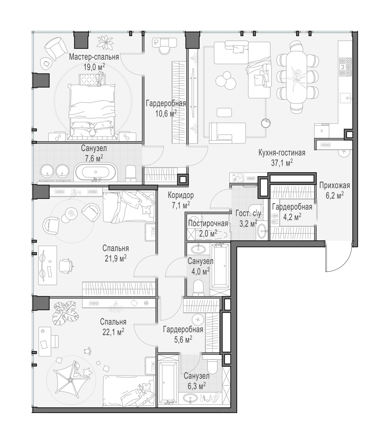 3 комн. квартира, 157.4 м², 14 этаж 