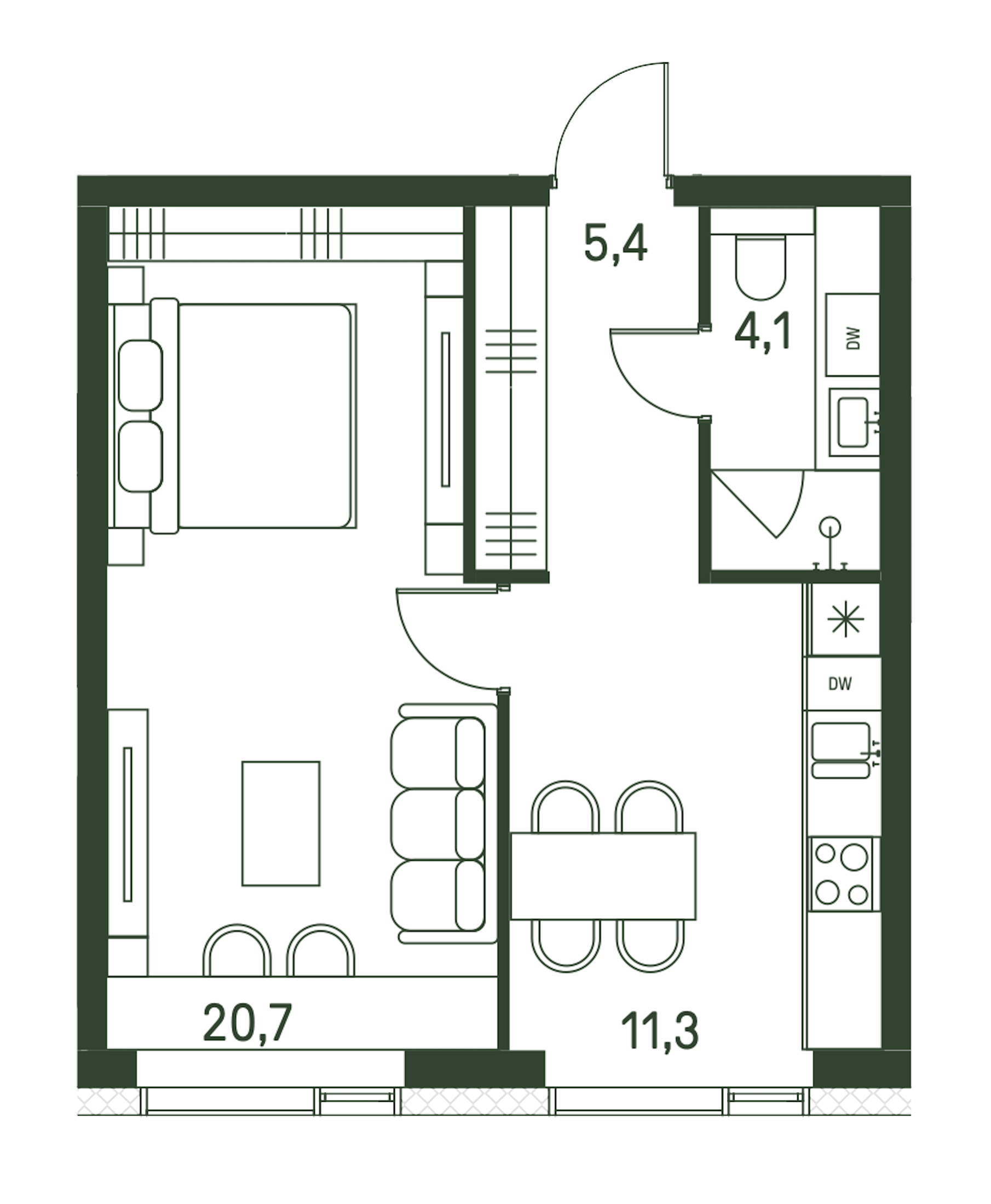1 комн. квартира, 41.5 м², 26 этаж 