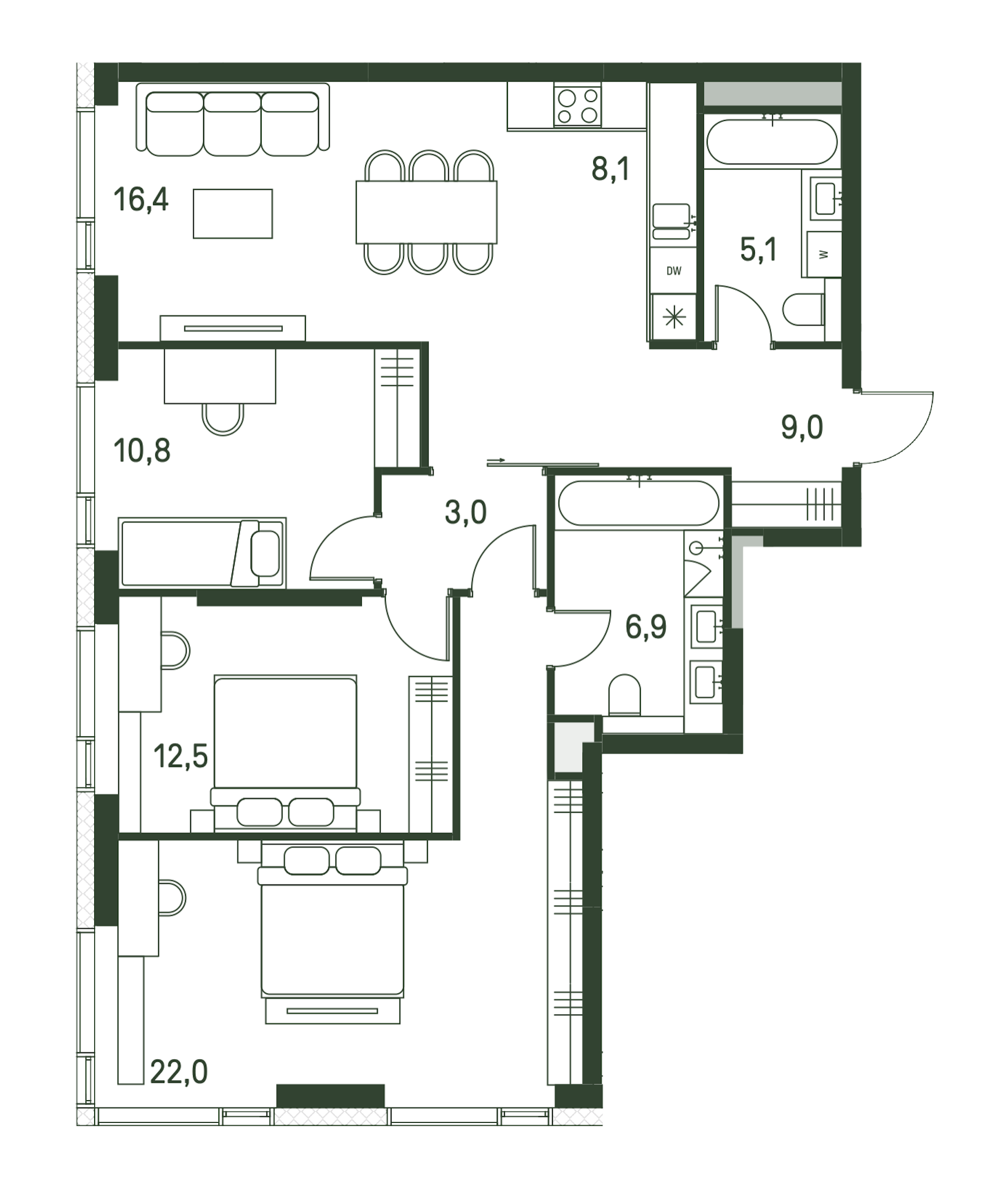 4 комн. квартира, 93.8 м², 13 этаж 