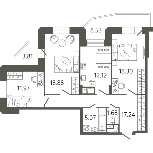 3 комн. квартира, 89.7 м², 15 этаж 