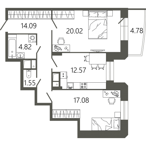 2 комн. квартира, 71.6 м², 2 этаж 