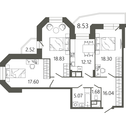 3 комн. квартира, 93.5 м², 10 этаж 