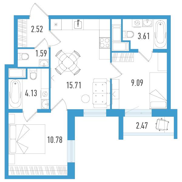 1 комн. квартира, 48.2 м², 3 этаж 