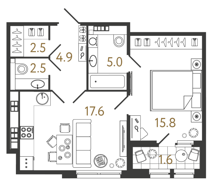 1 комн. квартира, 48.3 м², 5 этаж 