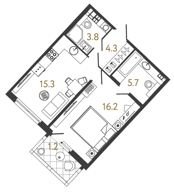1 комн. квартира, 45.3 м², 4 этаж 