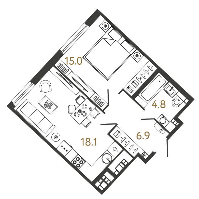1 комн. квартира, 44.8 м², 4 этаж 