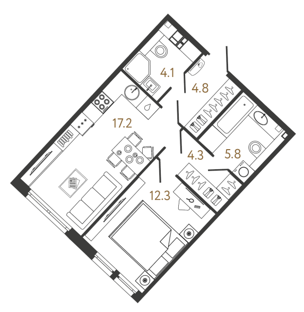 1 комн. квартира, 48.5 м², 3 этаж 