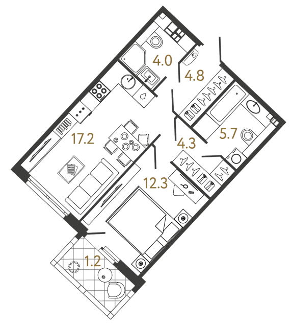 1 комн. квартира, 48.3 м², 4 этаж 