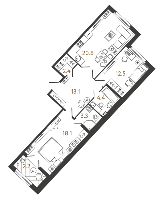 2 комн. квартира, 74.6 м², 4 этаж 