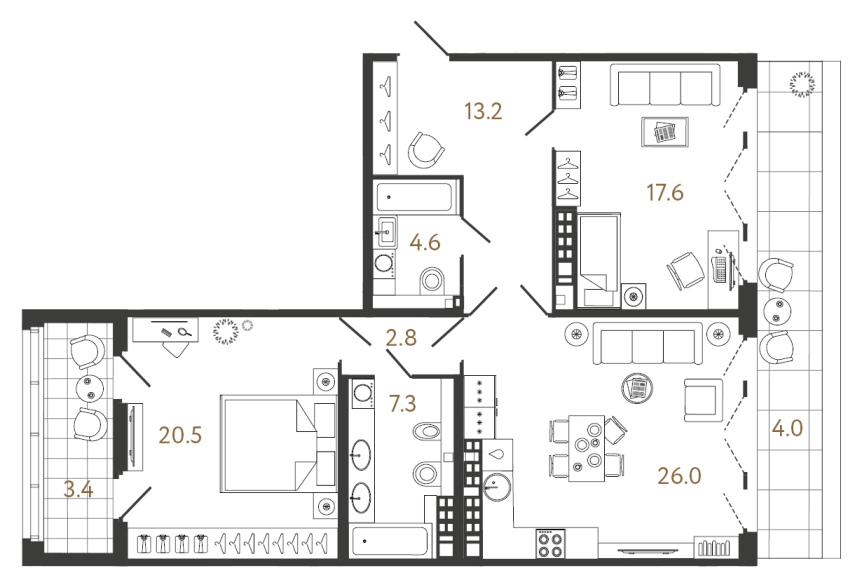 2 комн. квартира, 92 м², 8 этаж 