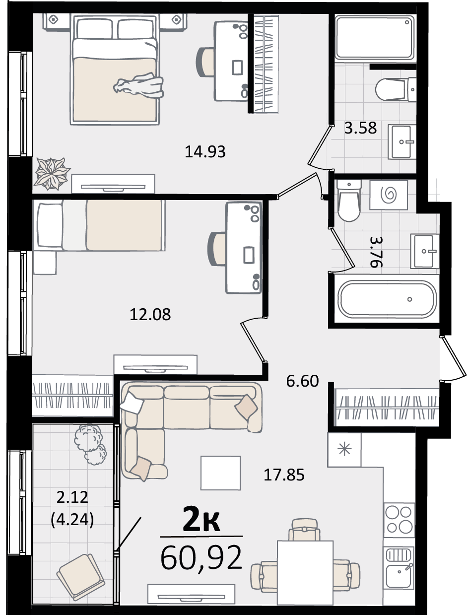 2 комн. квартира, 60.9 м², 14 этаж 