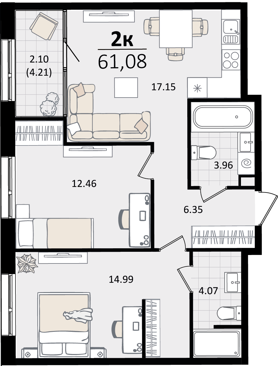 2 комн. квартира, 61.1 м², 14 этаж 