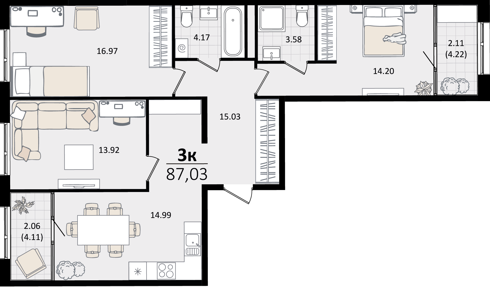 3 комн. квартира, 87 м², 14 этаж 