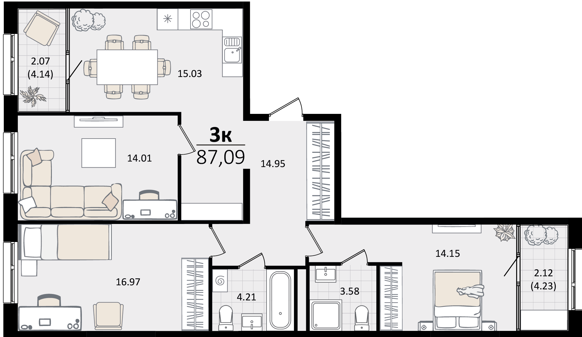 3 комн. квартира, 87.1 м², 2 этаж 