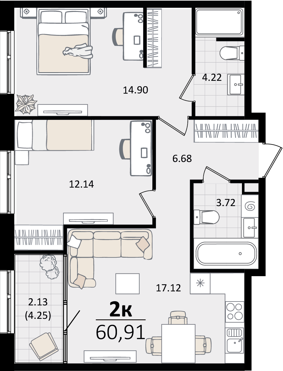 2 комн. квартира, 60.9 м², 2 этаж 