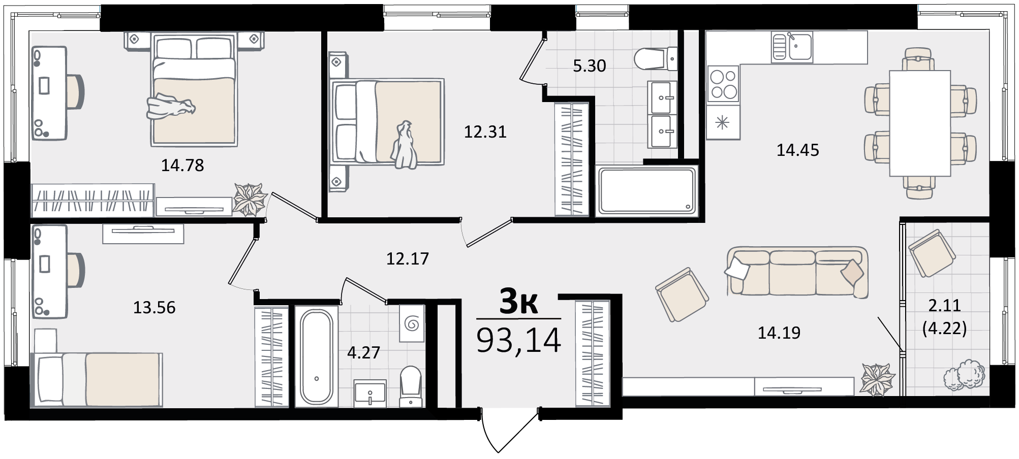 3 комн. квартира, 93.1 м², 2 этаж 