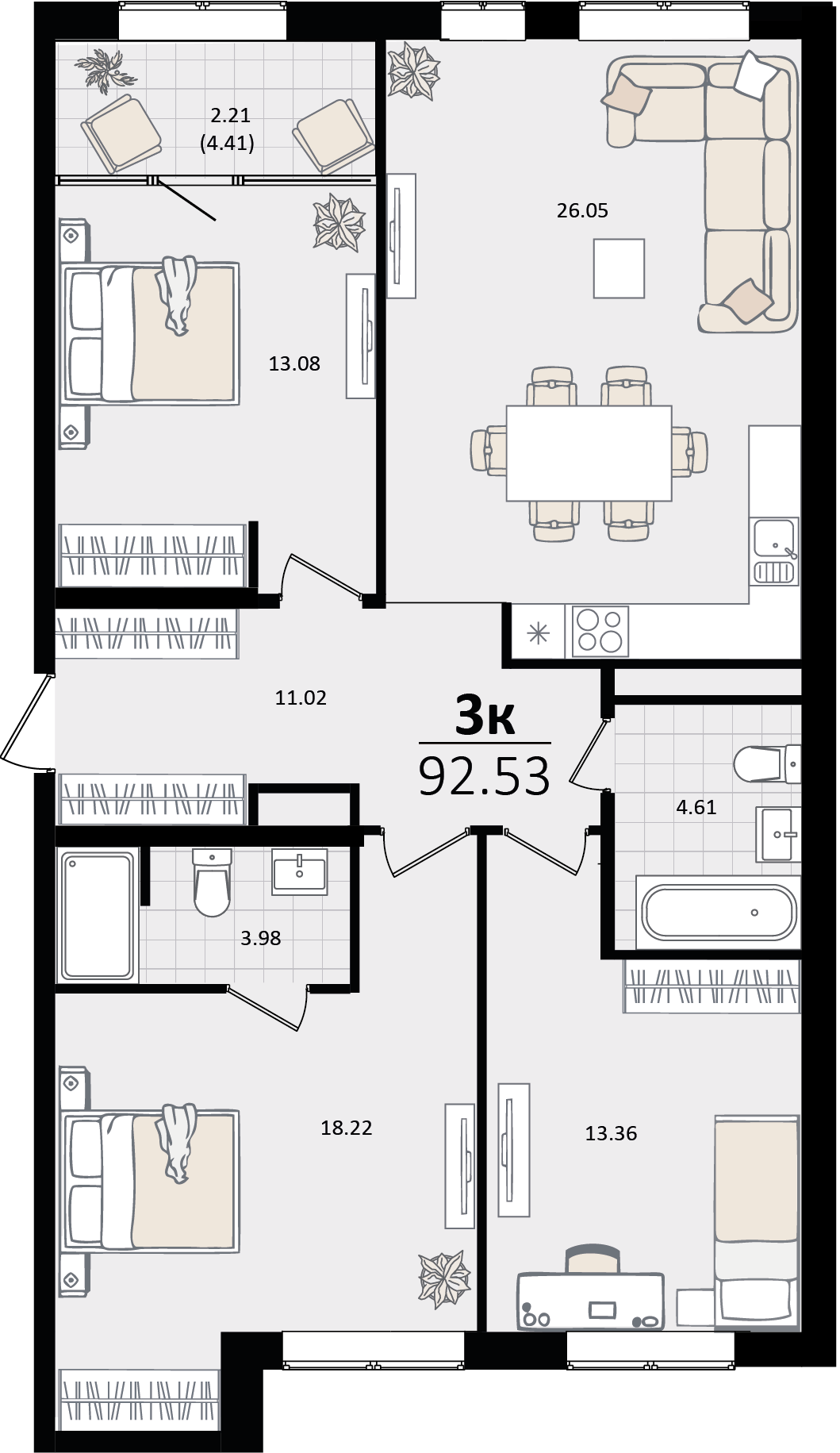 3 комн. квартира, 92.5 м², 2 этаж 